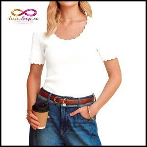 100% Cotton Short Sleeve Sweater Pullover Scoop Neck Lightweight Top